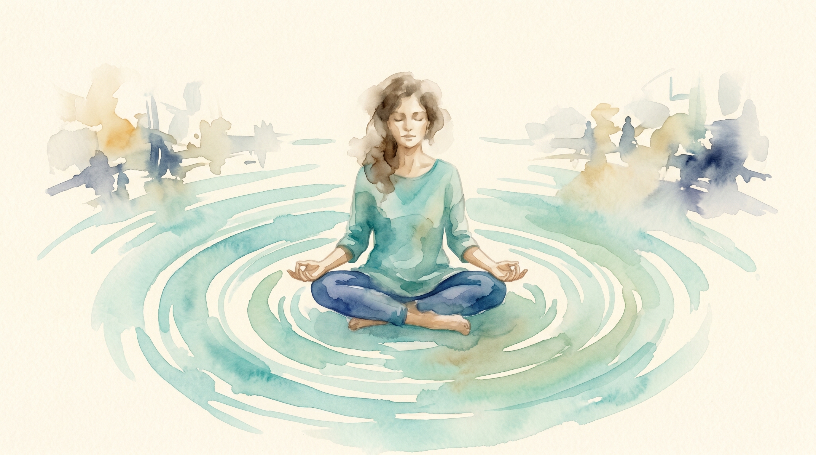 Watercolor-Illustration einer Person in meditativer Haltung mit beruhigenden Farbtönen