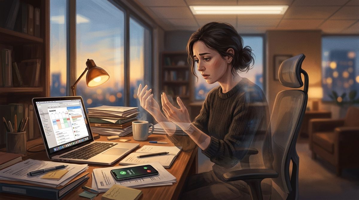Frau wird am Schreibtisch durchsichtig und verschwindet — Burnout Symptome