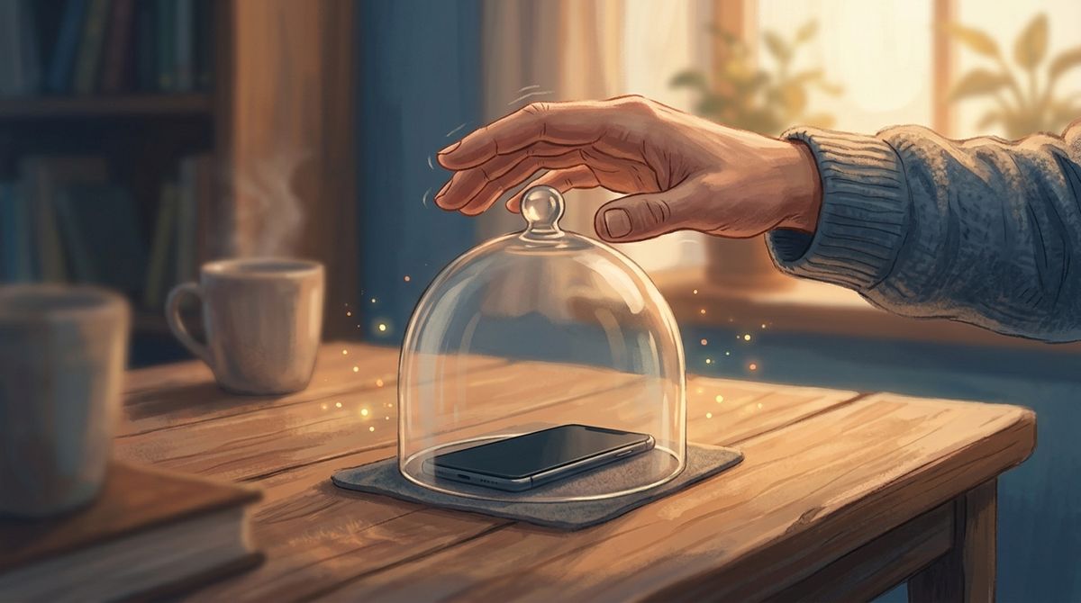 Hand schwebt ueber Smartphone unter Glasglocke — Dopamin Detox Illustration