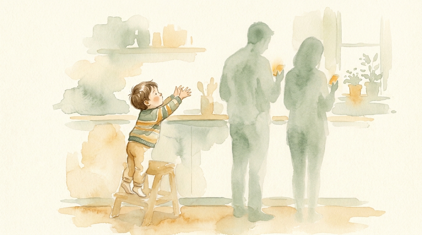 Watercolor-Illustration eines Kindes, das vergeblich nach emotionaler Verbindung zu seinen Eltern sucht