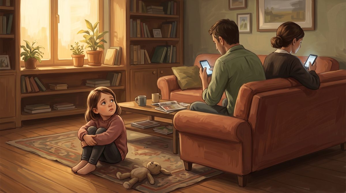 Kind sitzt allein in einer Ecke w&auml;hrend Eltern im Hintergrund besch&auml;ftigt sind — emotionale Vernachl&auml;ssigung