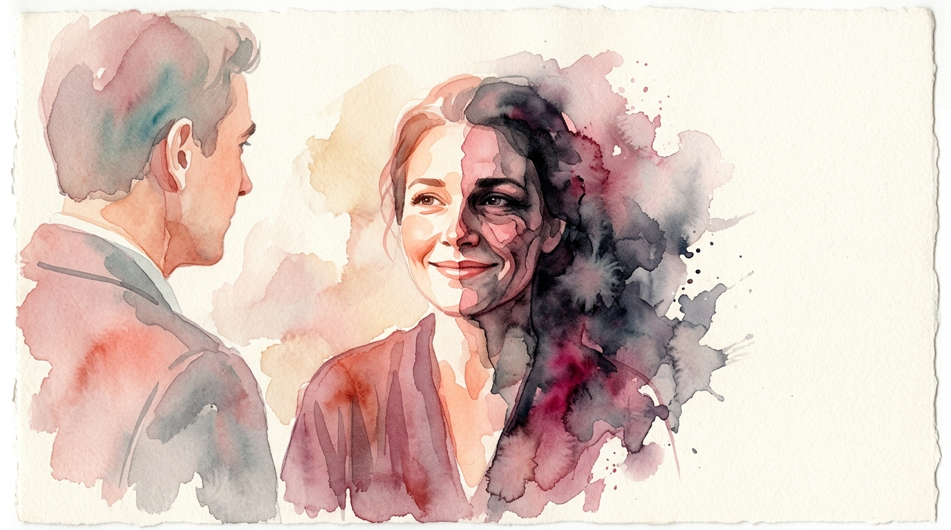 Watercolor-Illustration einer Person die in einen zerbrochenen Spiegel blickt
