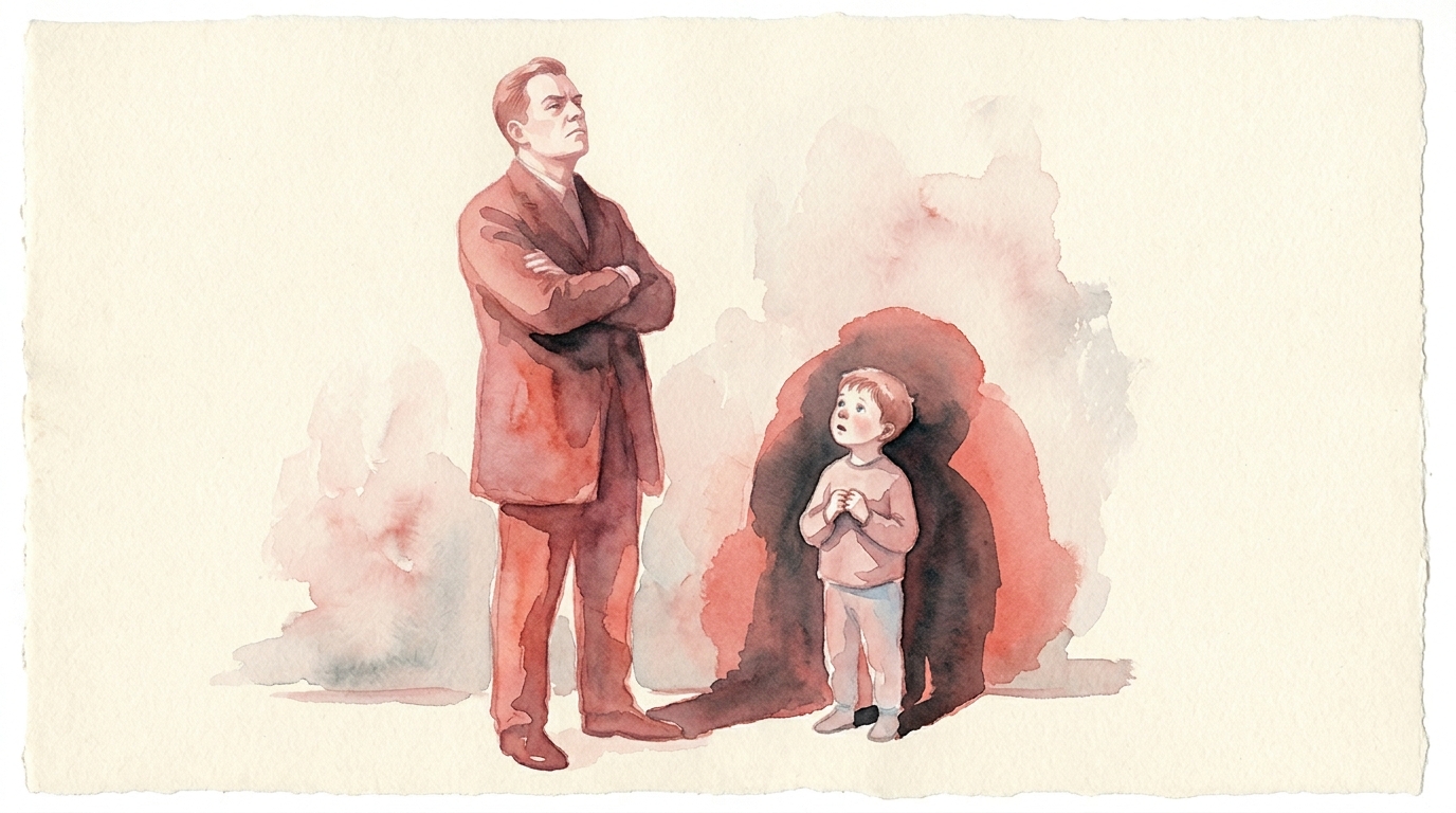 Watercolor-Illustration eines autoritären Vaters mit verunsichertem Kind