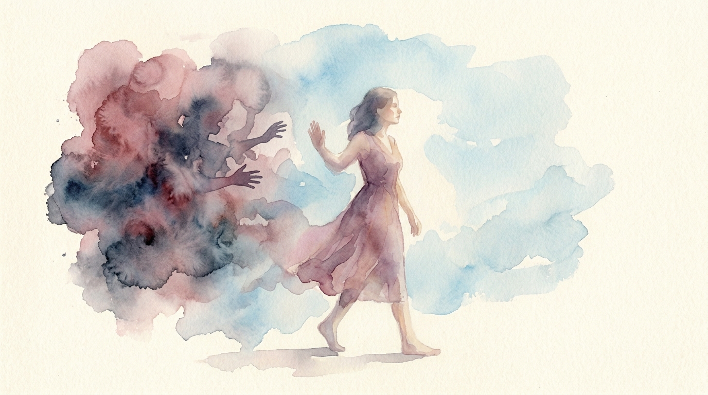 Watercolor-Illustration einer Person die eine Tür hinter sich schließt und ins Licht tritt