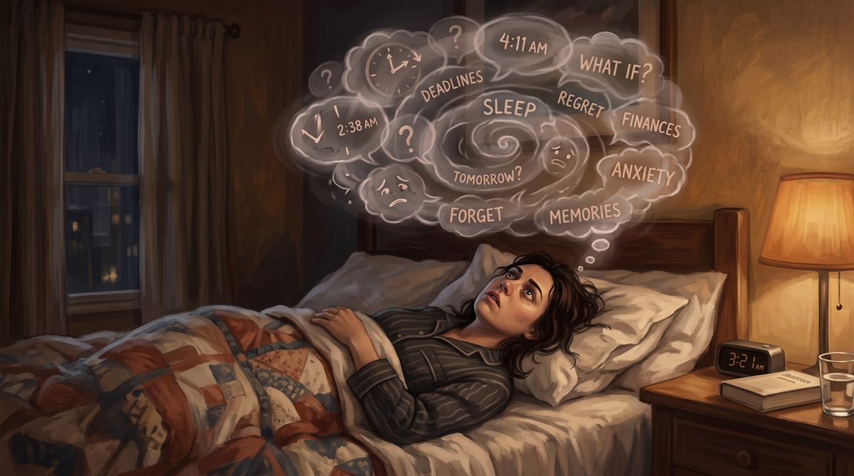 Person mit geschlossenen Augen, Gedankenwolken um den Kopf &mdash; Overthinking