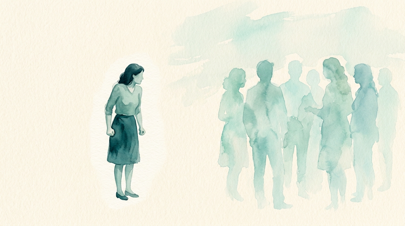 Watercolor-Illustration einer Person, die sich in einer sozialen Situation unwohl fühlt
