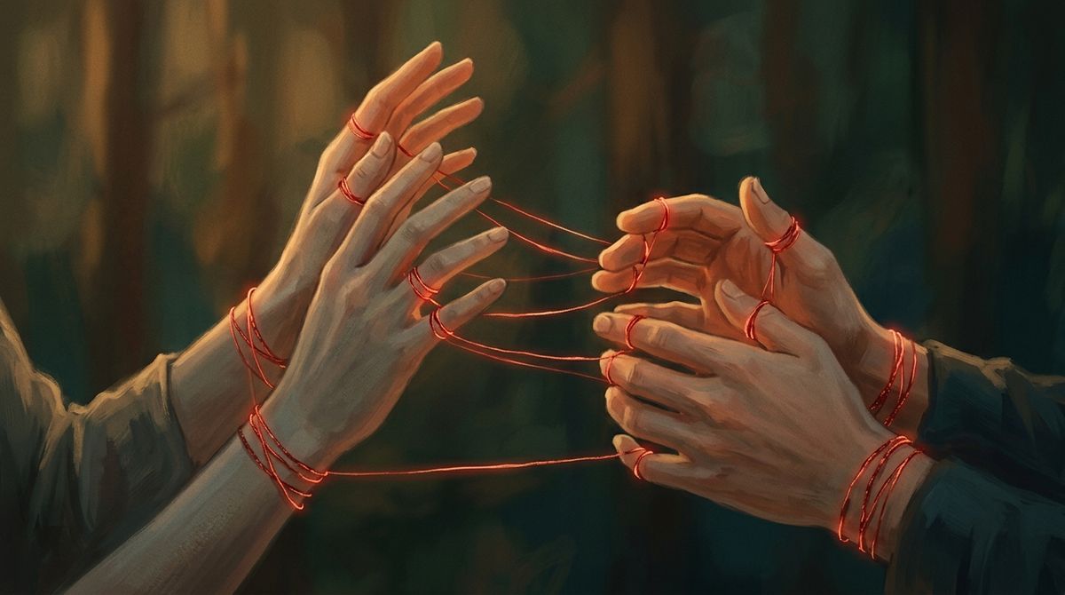 Haende verbunden durch gluehende rote Faeden — Trauma-Bindung Illustration